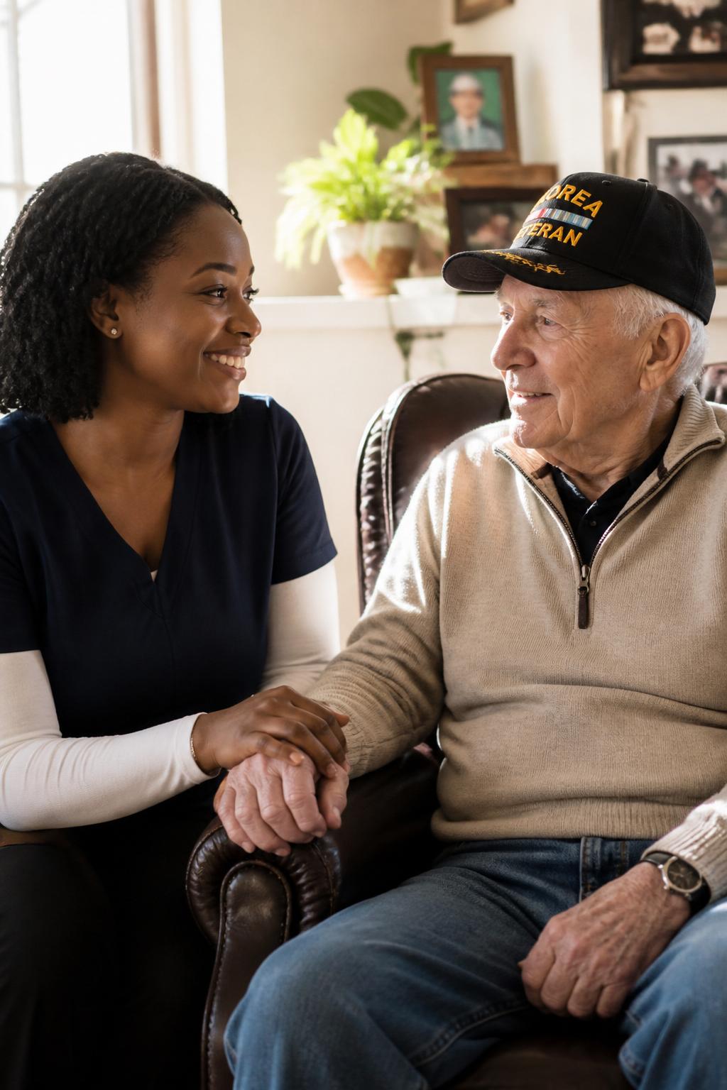 Caregiver gently holding hands with a smiling participant