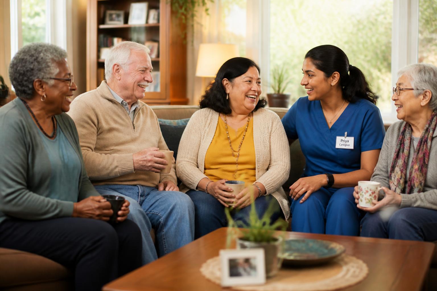 Participants and caregivers smiling together in a warm common room